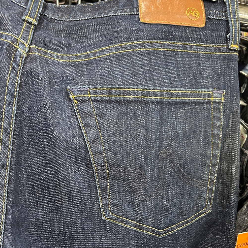 Ag Adriano Goldschmied Men's Dark Blue Straight Jeans with Yellow Stitching